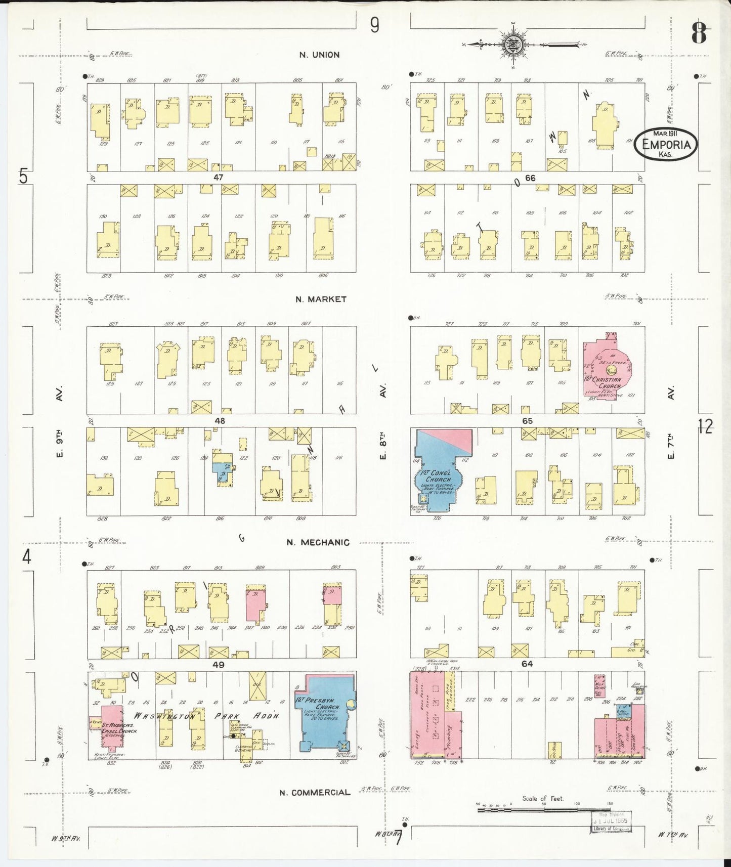Sanborn Fire Insurance Map from Emporia, Lyon County, Kansas (1911), Sheet #0008 - Historic Sanborn Fire Insurance Map Print, vintage old map wall art, antique decor, genealogy gift, Kansas Kansas map