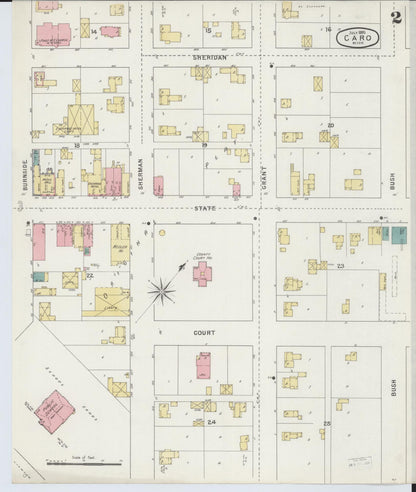 Sanborn Fire Insurance Map from Caro, Tuscola County, Michigan (1895), Sheet #0002 - Complete Map Set gallery image, historic Sanborn map, vintage wall art, Michigan Michigan