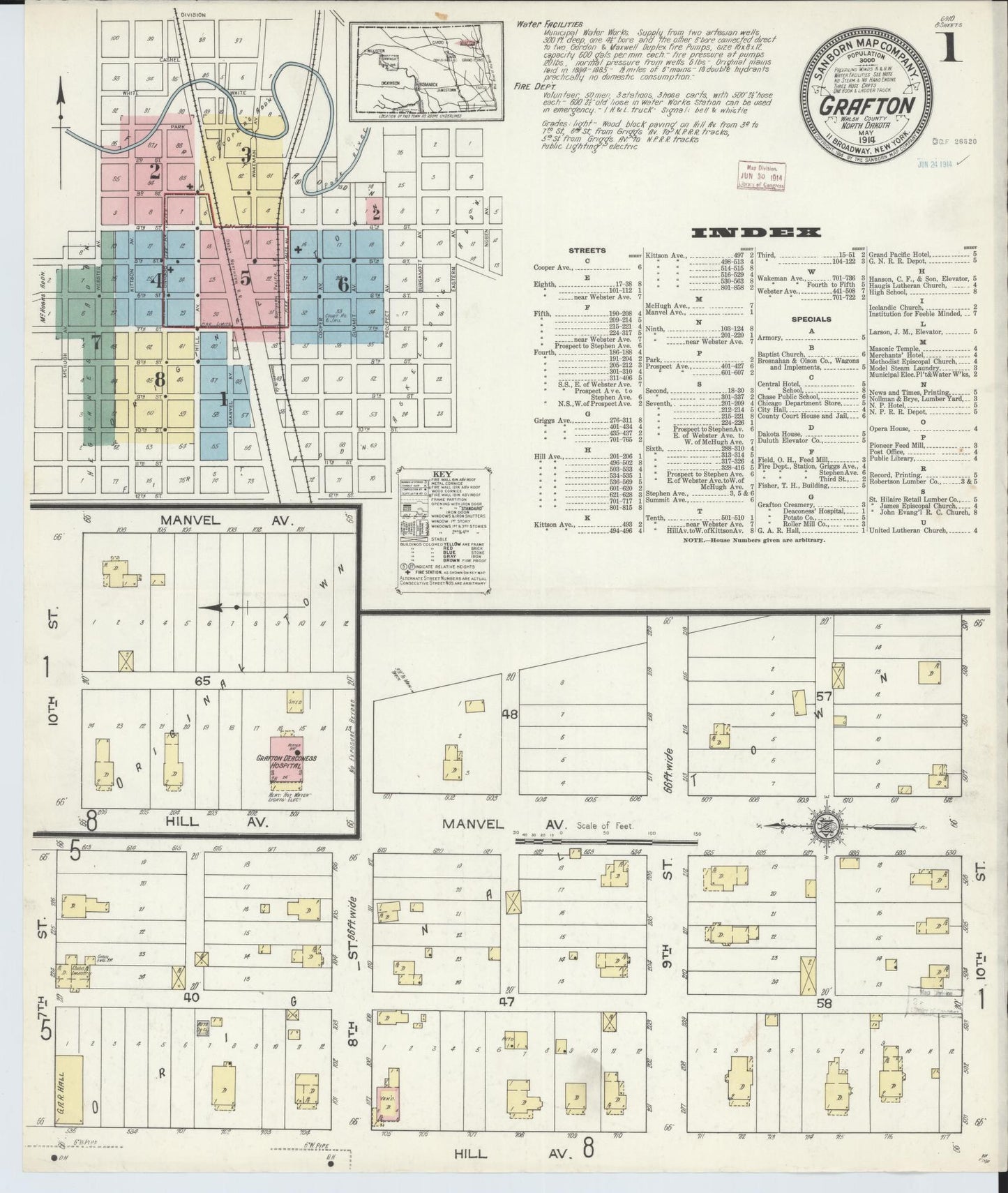 Sanborn Fire Insurance Map from Grafton, Walsh County, North Dakota (1914), Sheet #0001 - Historic Sanborn Fire Insurance Map Print, vintage old map wall art, antique decor, genealogy gift, North Dakota North Dakota map
