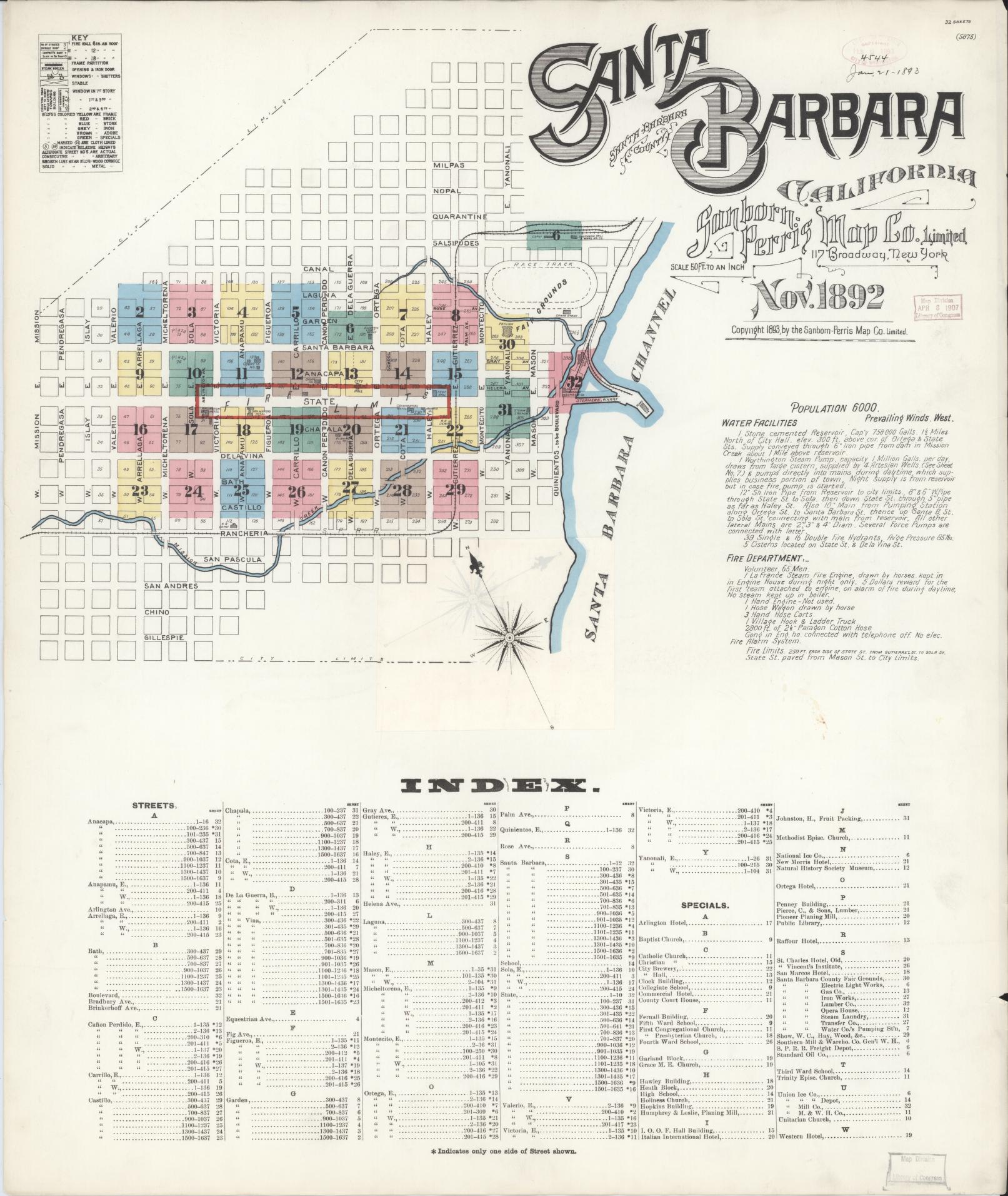 Sanborn Fire Insurance Map from Santa Barbara, Santa Barbara County, California (1892), Sheet #0001 - Complete Map Set gallery image, historic Sanborn map, vintage wall art, California California