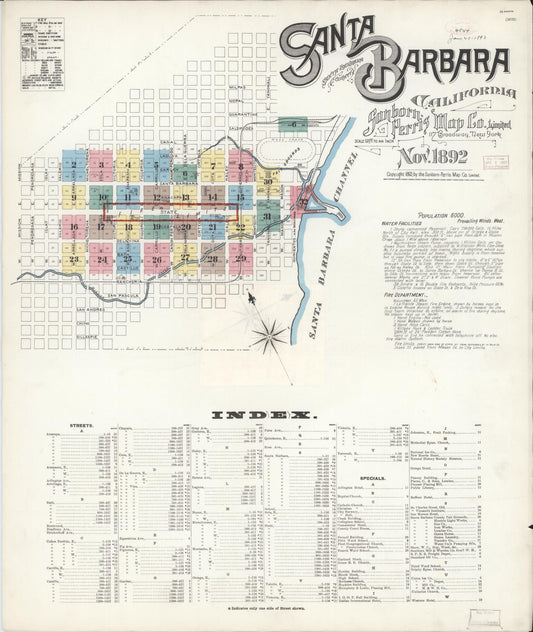 Sanborn Fire Insurance Map from Santa Barbara, Santa Barbara County, California (1892), Sheet #0001 - Complete Map Set gallery image, historic Sanborn map, vintage wall art, California California