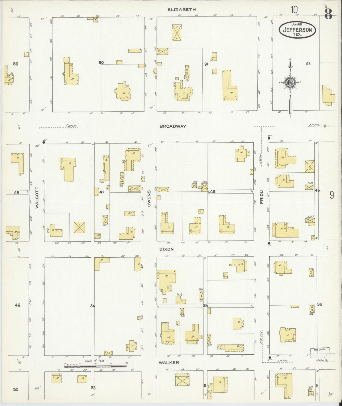 Sanborn Fire Insurance Map from Jefferson, Marion County, Texas (1911), Sheet #0008 - Historic Sanborn Fire Insurance Map Print, vintage old map wall art, antique decor, genealogy gift, Texas Texas map