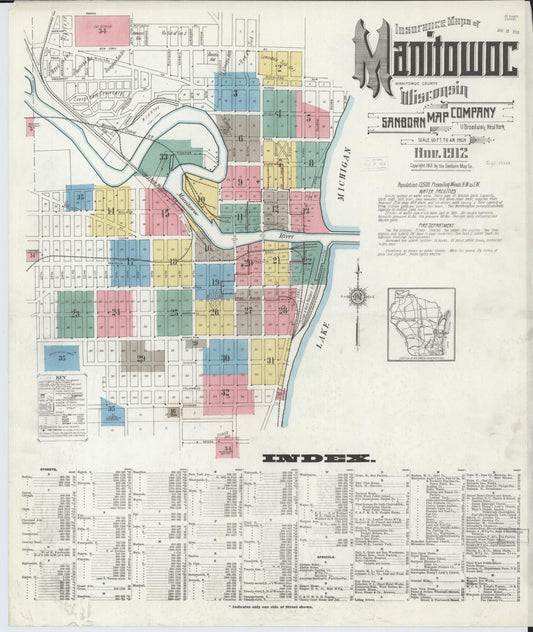 Sanborn Fire Insurance Map from Manitowoc, Manitowoc County, Wisconsin (1912), Sheet #0001 - Historic Sanborn Fire Insurance Map Print, vintage old map wall art, antique decor, genealogy gift, Wisconsin Wisconsin map