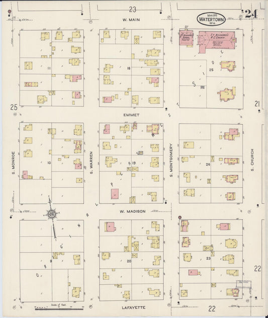 Sanborn Fire Insurance Map from Watertown, Jefferson County, Wisconsin (1915), Sheet #0025 - Historic Sanborn Fire Insurance Map Print, vintage old map wall art, antique decor, genealogy gift, Wisconsin Wisconsin map