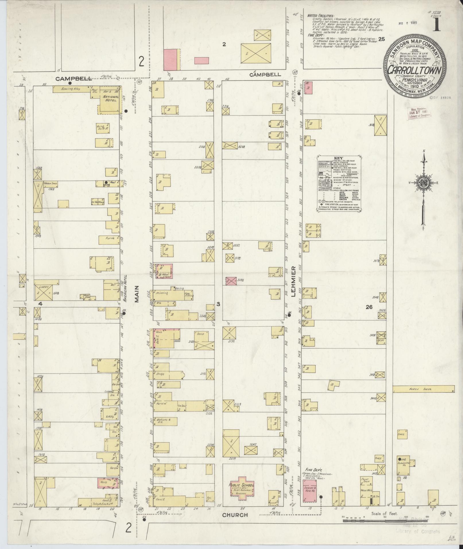 Sanborn Fire Insurance Map from Carrolltown, Cambria County, Pennsylvania (1910), Sheet #0001 - Historic Sanborn Fire Insurance Map Print, vintage old map wall art, antique decor, genealogy gift, Pennsylvania Pennsylvania map