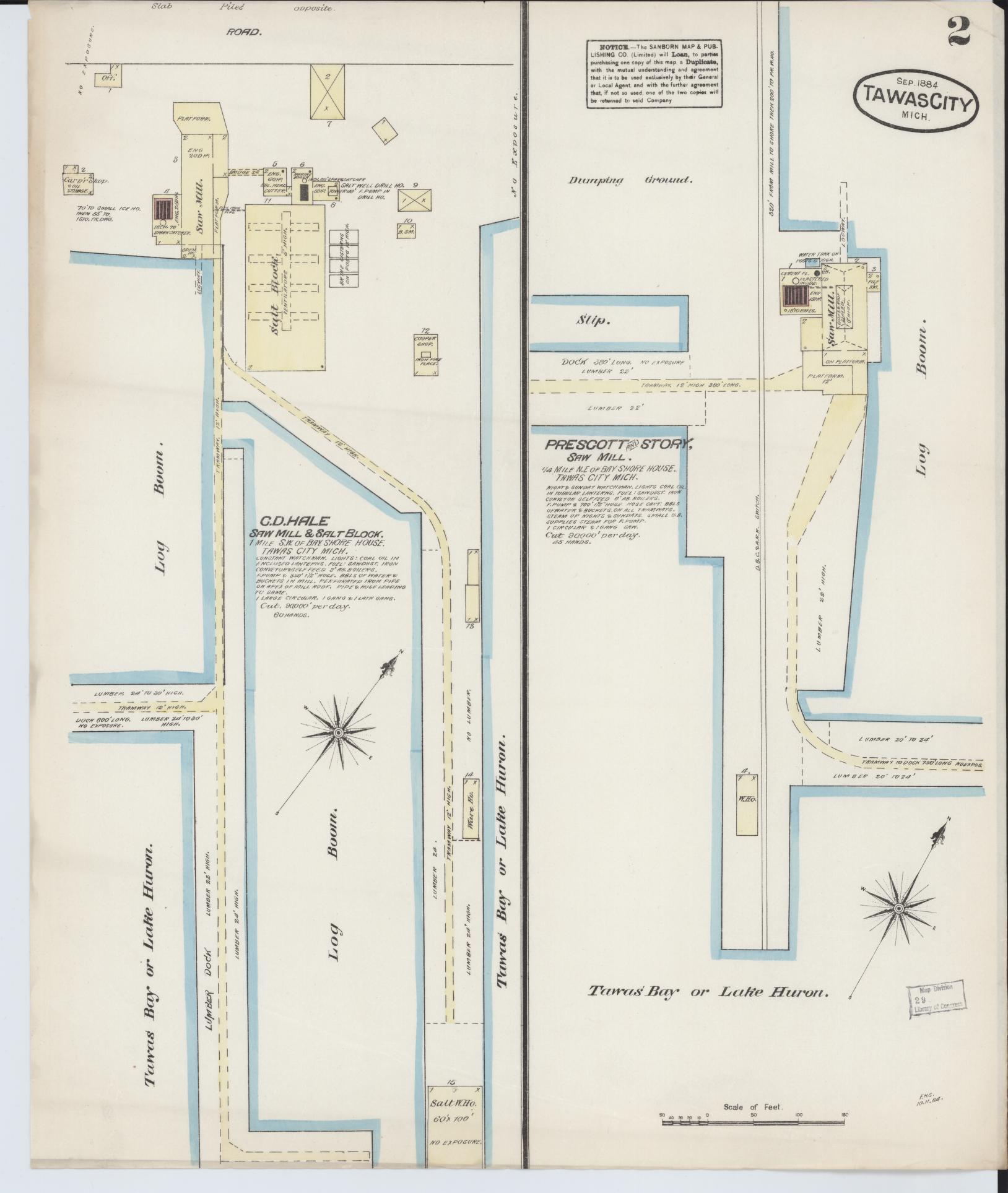 Sanborn Fire Insurance Map from Tawas City, Iosco County, Michigan (1884), Sheet #0002 - Historic Sanborn Fire Insurance Map Print, vintage old map wall art, antique decor, genealogy gift, Michigan Michigan map