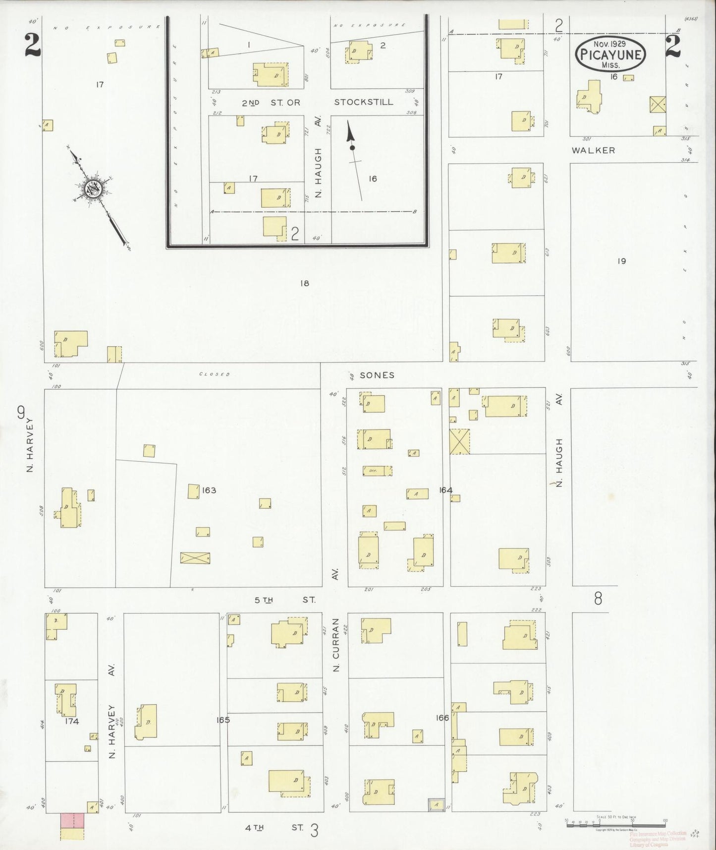 Sanborn Fire Insurance Map from Picayune, Pearl River County, Mississippi (1929), Sheet #0002 - Complete Map Set gallery image, historic Sanborn map, vintage wall art, Mississippi Mississippi