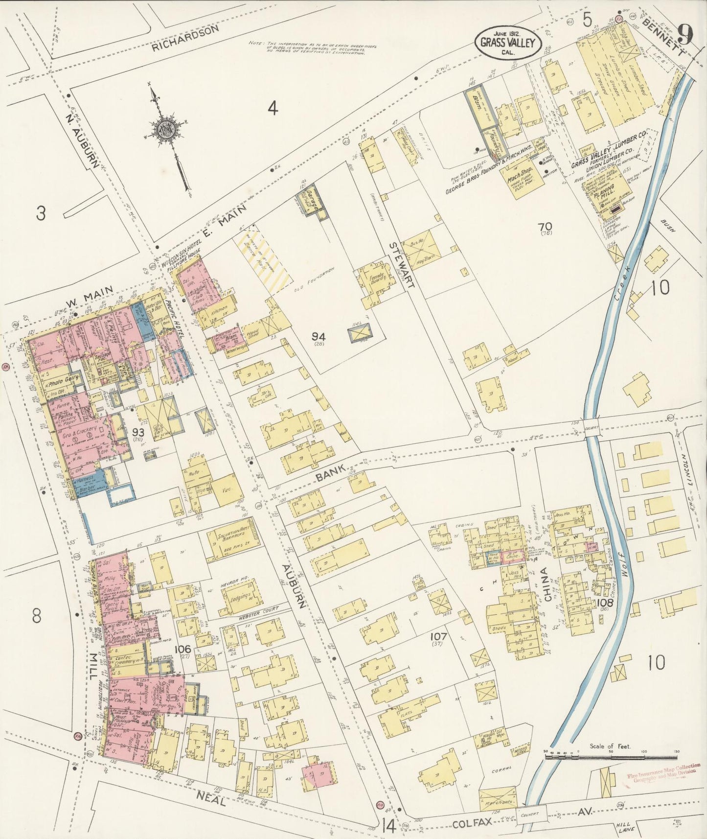 Sanborn Fire Insurance Map from Grass Valley, Nevada County, California (1912), Sheet #0009 - Historic Sanborn Fire Insurance Map Print, vintage old map wall art, antique decor, genealogy gift, Grass Valley Nevada map