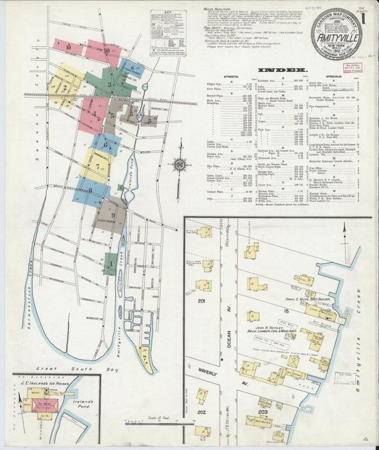 Sanborn Fire Insurance Map from Amityville, Suffolk County, New York (1910), Sheet #0001 - Complete Map Set gallery image, historic Sanborn map, vintage wall art, New York New York