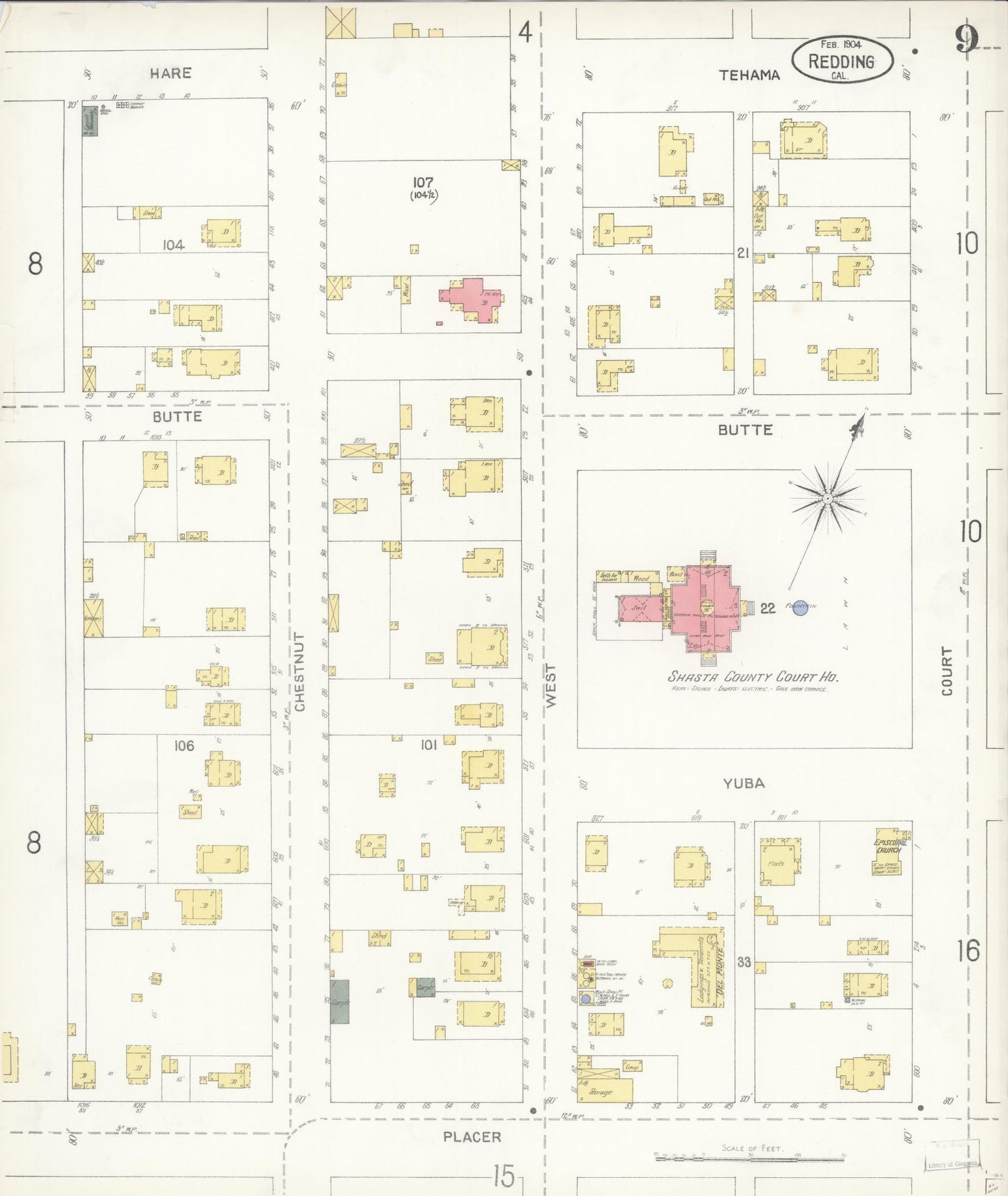 Sanborn Fire Insurance Map from Redding, Shasta County, California (1904), Sheet #0009 - Complete Map Set gallery image, historic Sanborn map, vintage wall art, California California