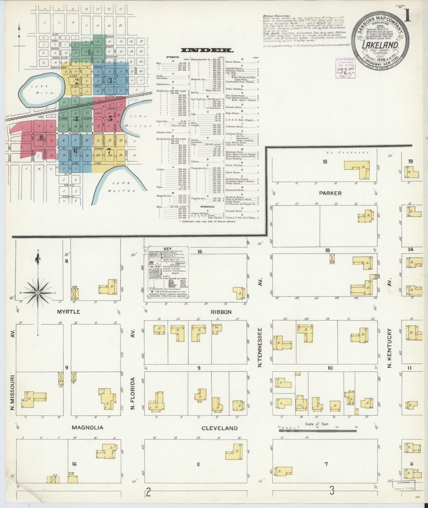 Sanborn Fire Insurance Map from Lakeland, Polk County, Florida (1908), Sheet #0001 - Complete Map Set gallery image, historic Sanborn map, vintage wall art, Florida Florida