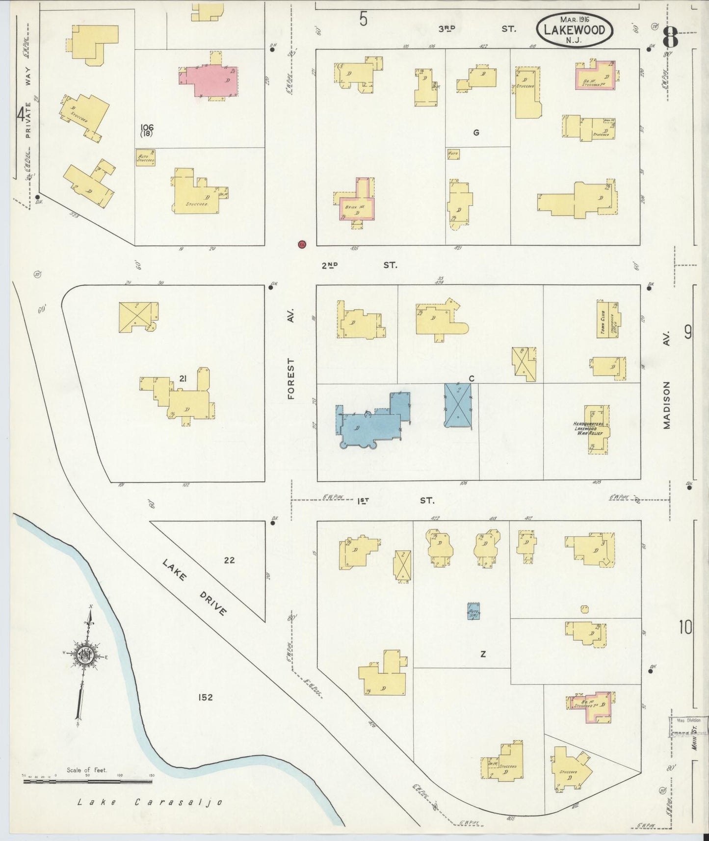 Sanborn Fire Insurance Map from Lakewood, Ocean County, New Jersey (1916), Sheet #0008 - Historic Sanborn Fire Insurance Map Print, vintage old map wall art, antique decor, genealogy gift, New Jersey New Jersey map