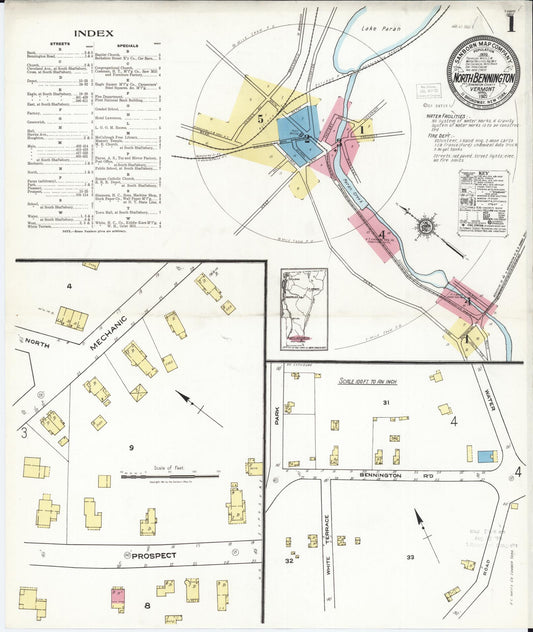 Sanborn Fire Insurance Map from North Bennington, Bennington County, Vermont (1921), Sheet #0001 - Historic Sanborn Fire Insurance Map Print, vintage old map wall art, antique decor, genealogy gift, Vermont Vermont map