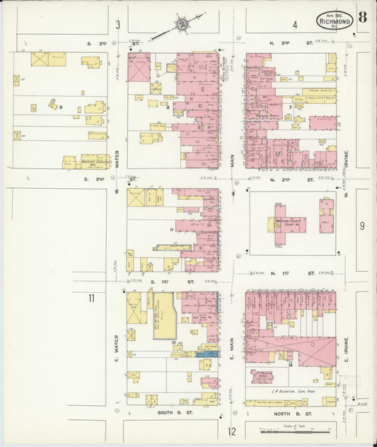 Sanborn Fire Insurance Map from Richmond, Madison County, Kentucky (1912), Sheet #0008 - Historic Sanborn Fire Insurance Map Print, vintage old map wall art, antique decor, genealogy gift, Kentucky Kentucky map
