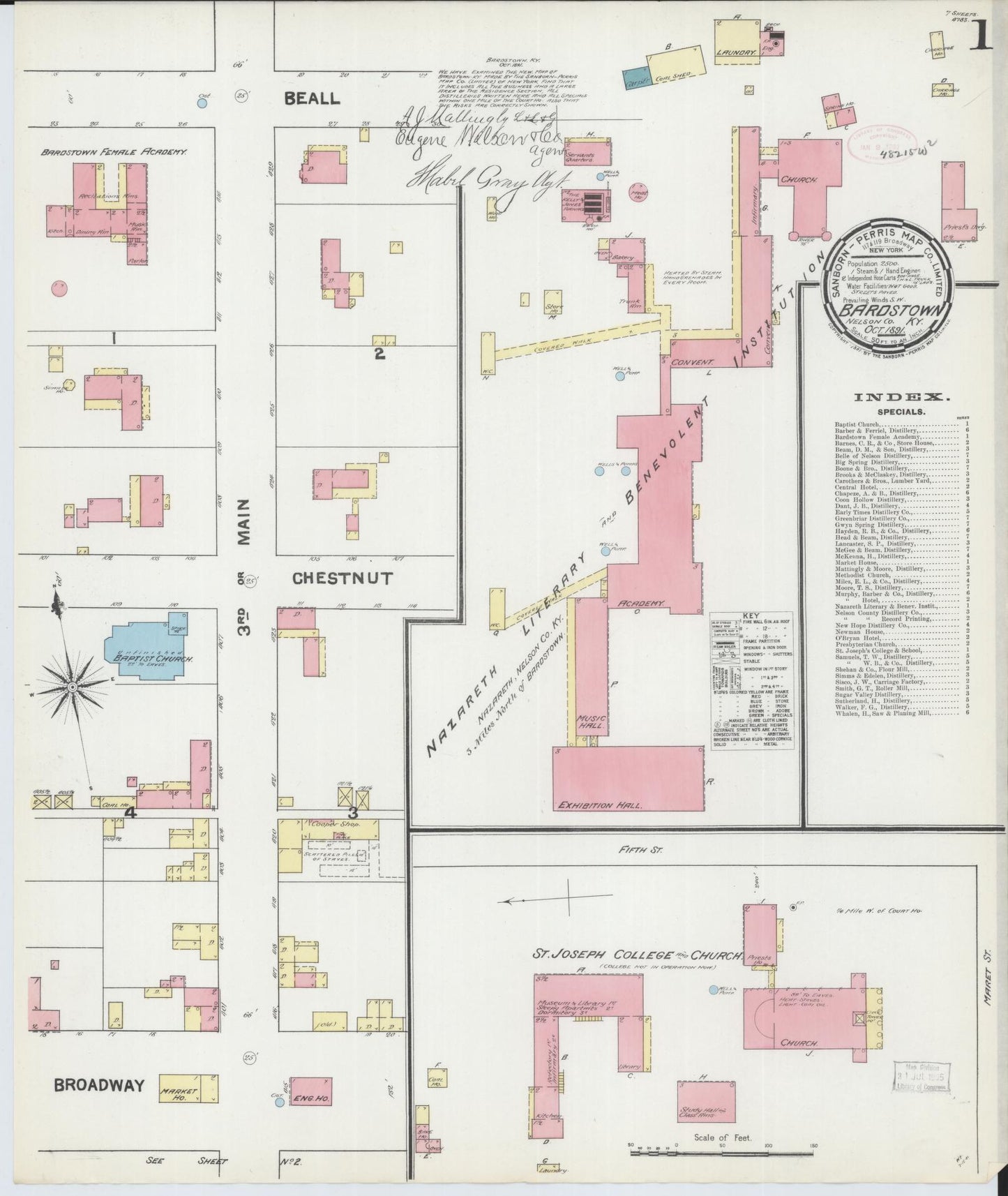 Sanborn Fire Insurance Map from Bardstown, Nelson County, Kentucky (1891), Sheet #0001 - Complete Map Set gallery image, historic Sanborn map, vintage wall art, Kentucky Kentucky