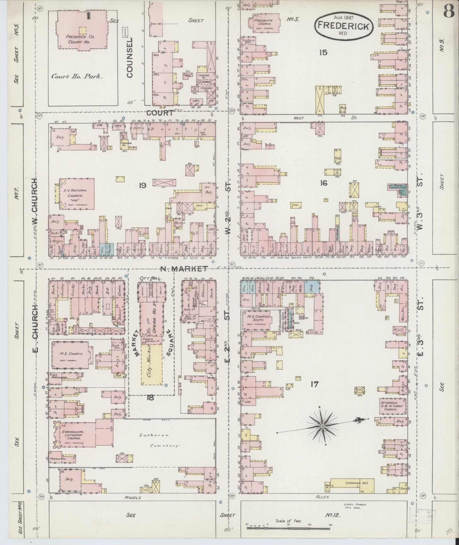 Frederick, Maryland - 1887 - Sanborn Fire Insurance Map, Sheet #0008 - Historic Sanborn Fire Insurance Map Print, Frederick Maryland 1887 0008 vintage old map wall art