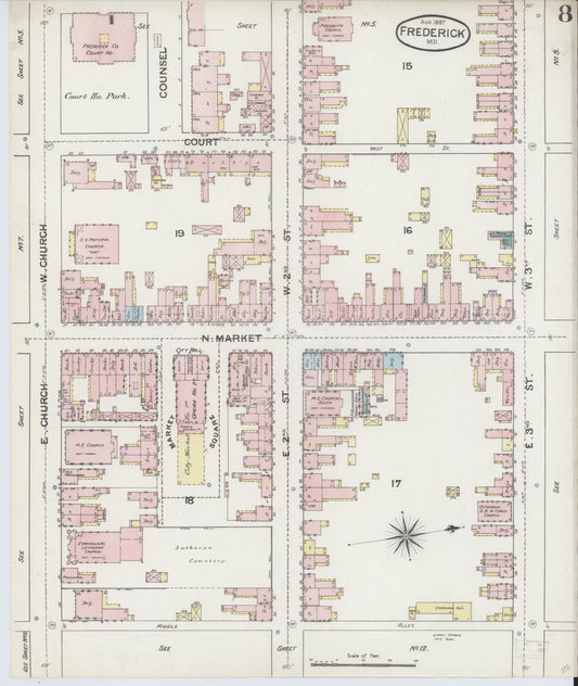 Frederick, Maryland - 1887 - Sanborn Fire Insurance Map, Sheet #0008 - Historic Sanborn Fire Insurance Map Print, Frederick Maryland 1887 0008 vintage old map wall art