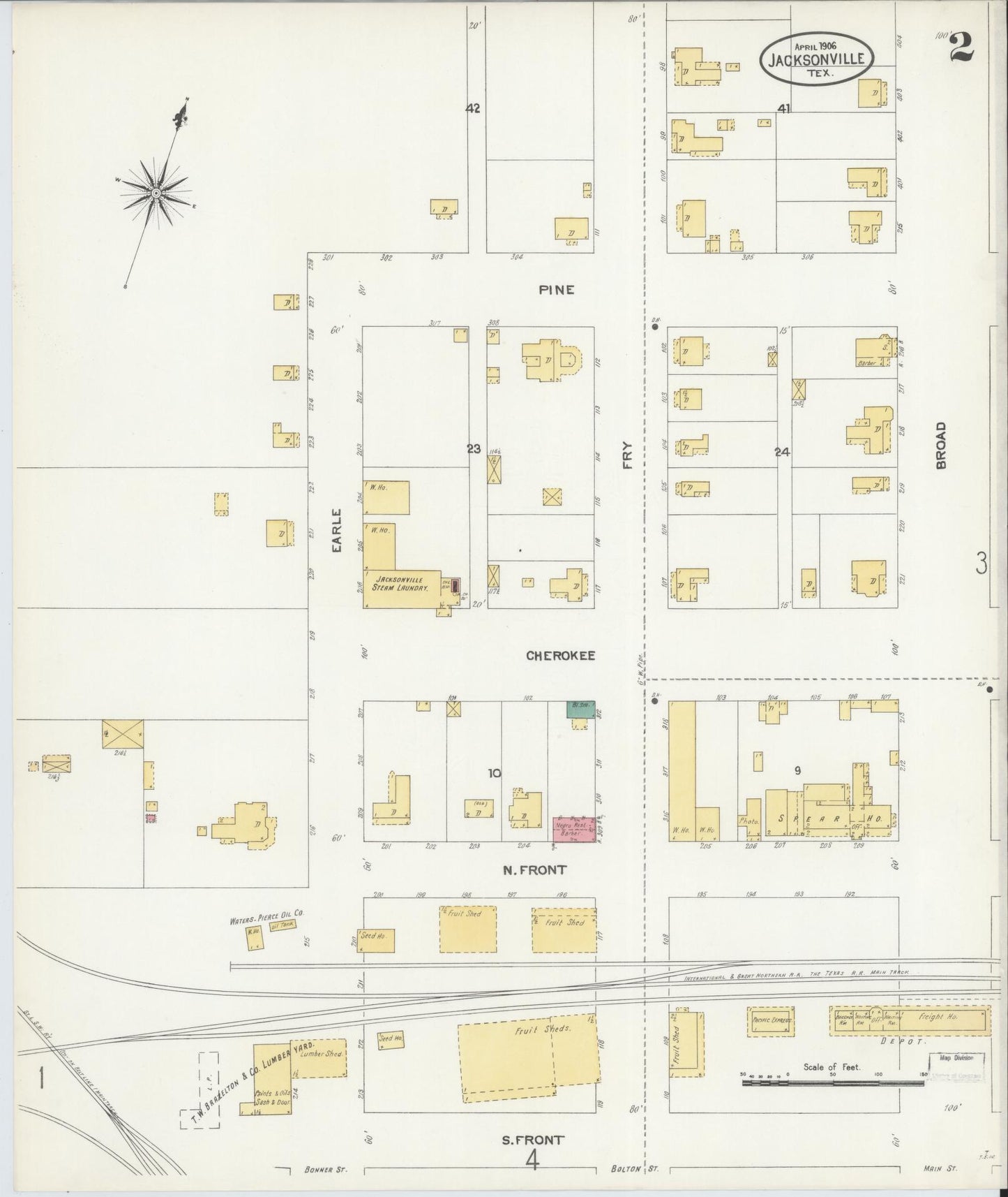 Sanborn Fire Insurance Map from Jacksonville, Cherokee County, Texas (1906), Sheet #0002 - Complete Map Set gallery image, historic Sanborn map, vintage wall art, Texas Texas