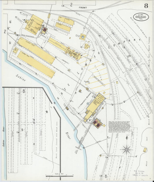Sanborn Fire Insurance Map from Orange, Orange County, Texas (1901), Sheet #0008 - Historic Sanborn Fire Insurance Map Print, vintage old map wall art, antique decor, genealogy gift, Texas Texas map