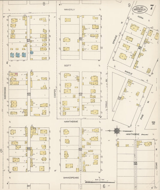Sanborn Fire Insurance Map from Missoula, Missoula County, Montana (1912), Sheet #0007 - Historic Sanborn Fire Insurance Map Print, vintage old map wall art, antique decor, genealogy gift, Montana Montana map