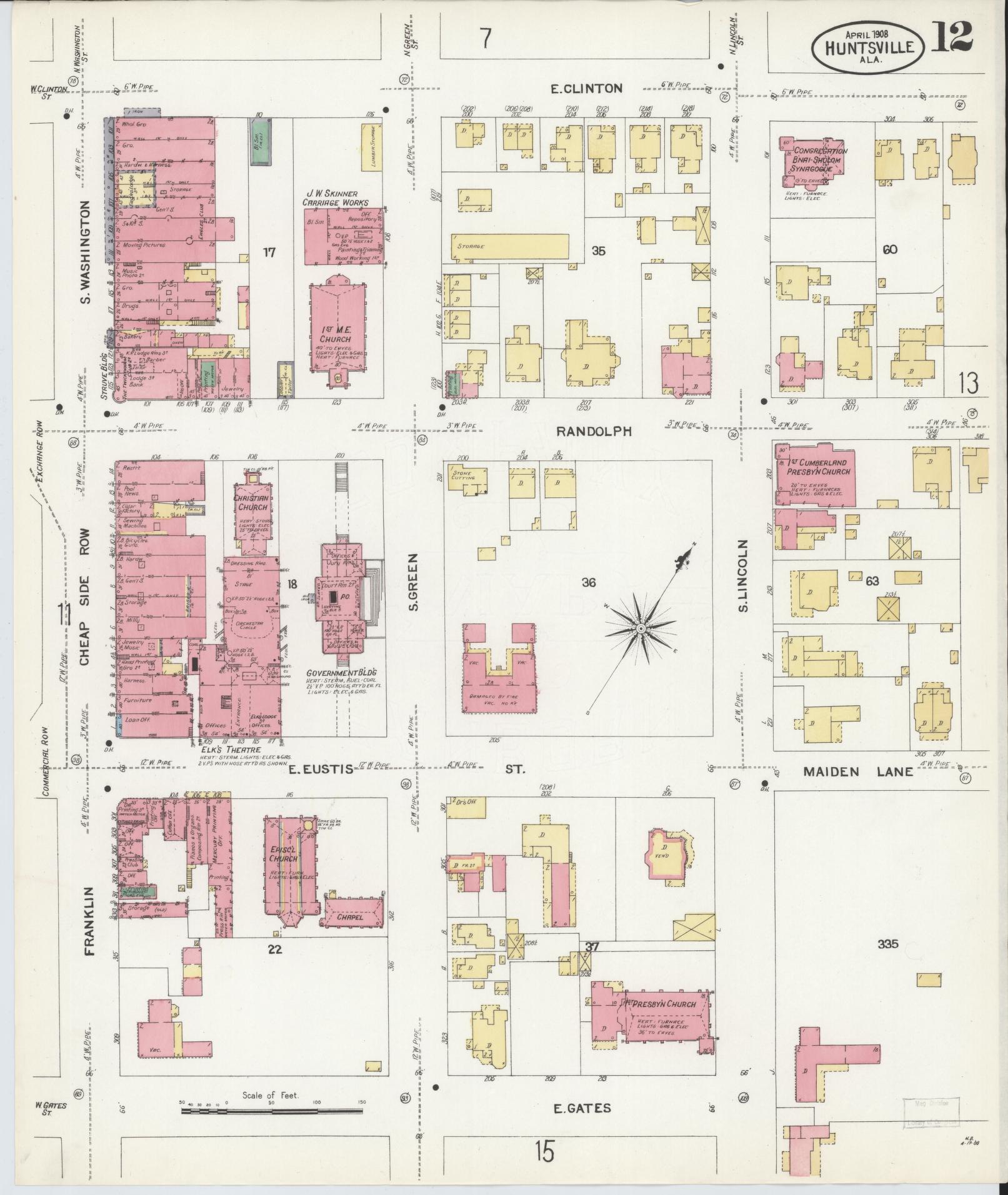 Sanborn Fire Insurance Map from Huntsville, Madison County, Alabama (1908), Sheet #0012 - Complete Map Set gallery image, historic Sanborn map, vintage wall art, Alabama Alabama