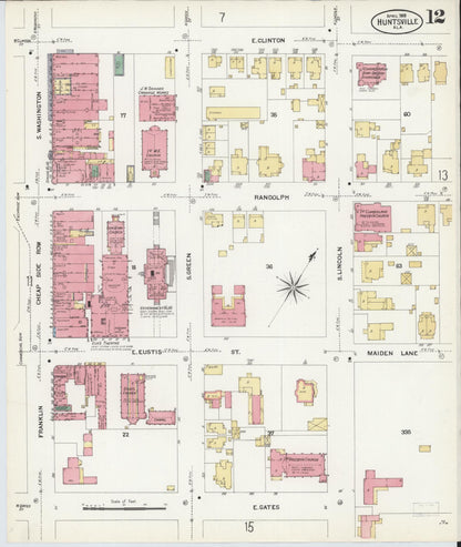 Sanborn Fire Insurance Map from Huntsville, Madison County, Alabama (1908), Sheet #0012 - Complete Map Set gallery image, historic Sanborn map, vintage wall art, Alabama Alabama