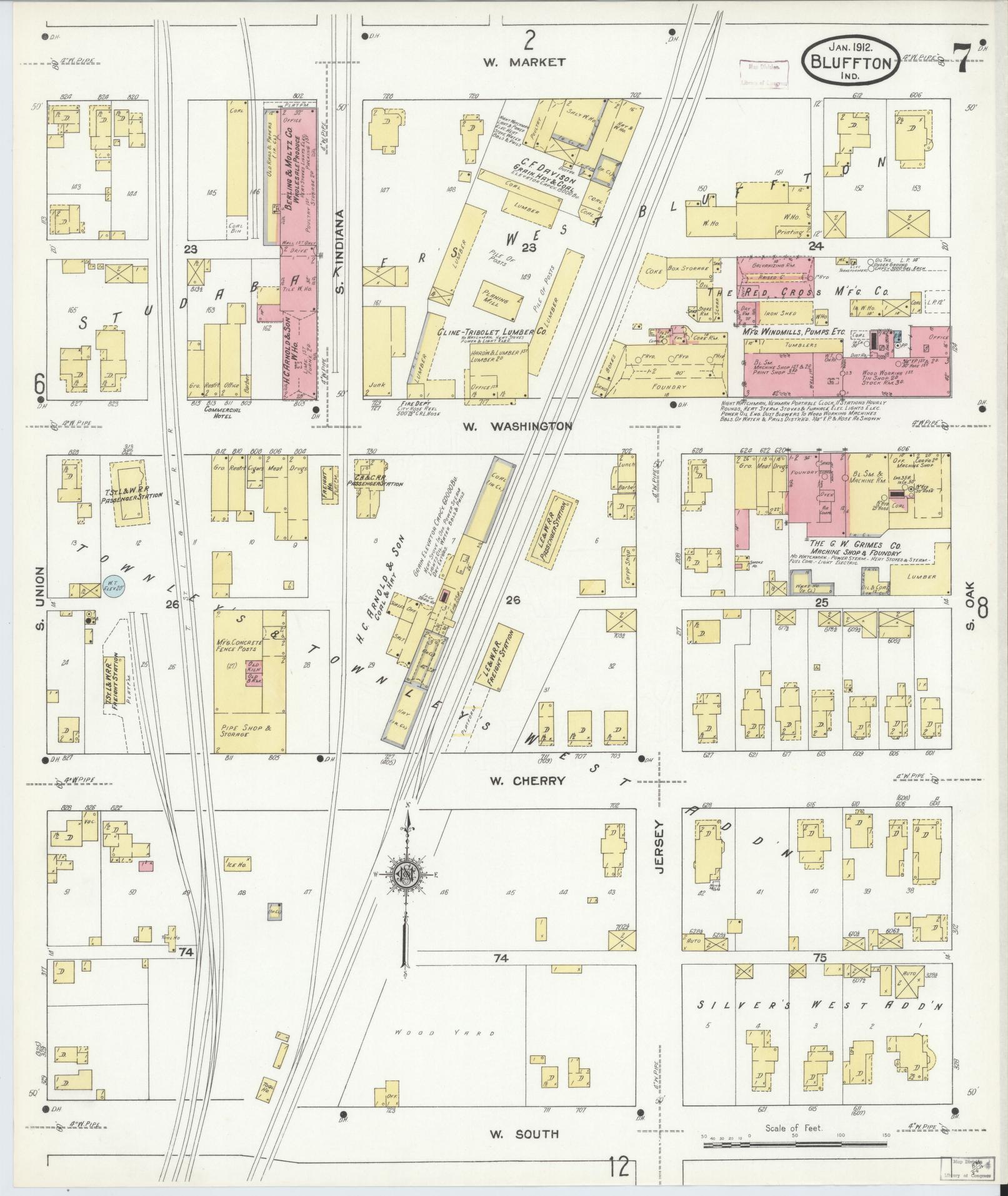Sanborn Fire Insurance Map from Bluffton, Wells County, Indiana (1912), Sheet #0007 - Complete Map Set gallery image, historic Sanborn map, vintage wall art, Indiana Indiana