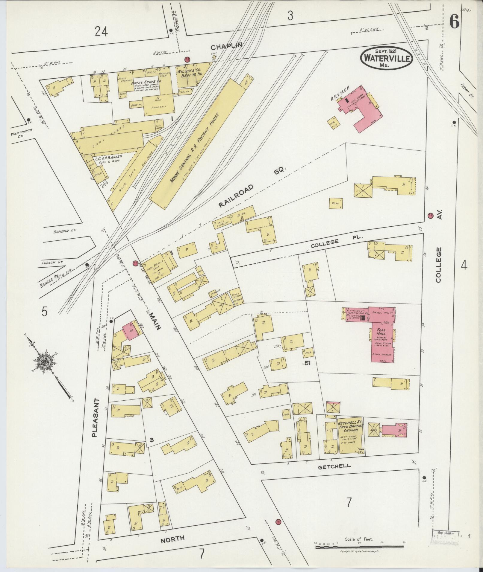 Sanborn Fire Insurance Map from Waterville, Kennebec County, Maine (1921), Sheet #0006 - Historic Sanborn Fire Insurance Map Print, vintage old map wall art, antique decor, genealogy gift, Maine Maine map