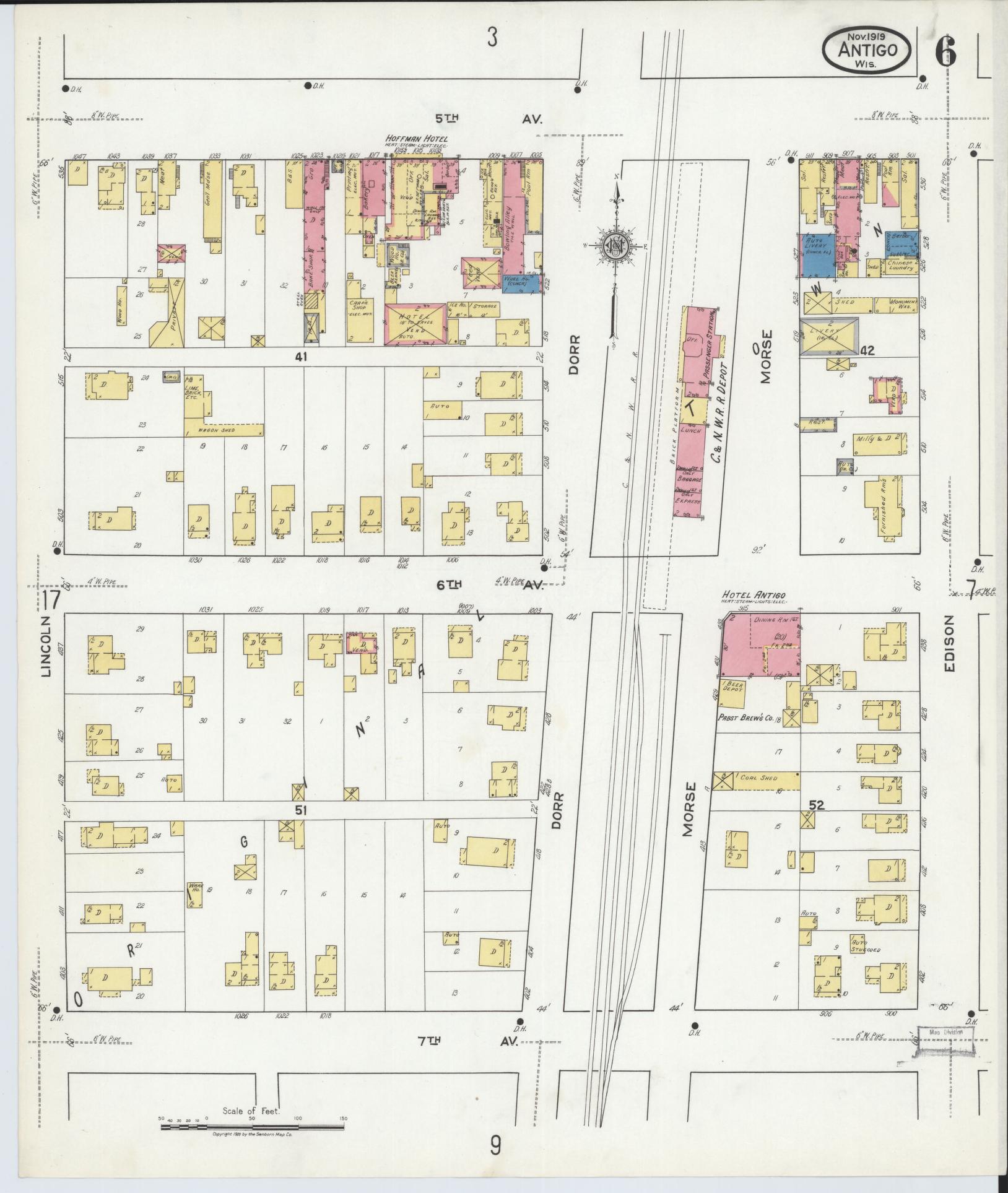 Sanborn Fire Insurance Map from Antigo, Langlade County, Wisconsin (1919), Sheet #0006 - Complete Map Set gallery image, historic Sanborn map, vintage wall art, Wisconsin Wisconsin