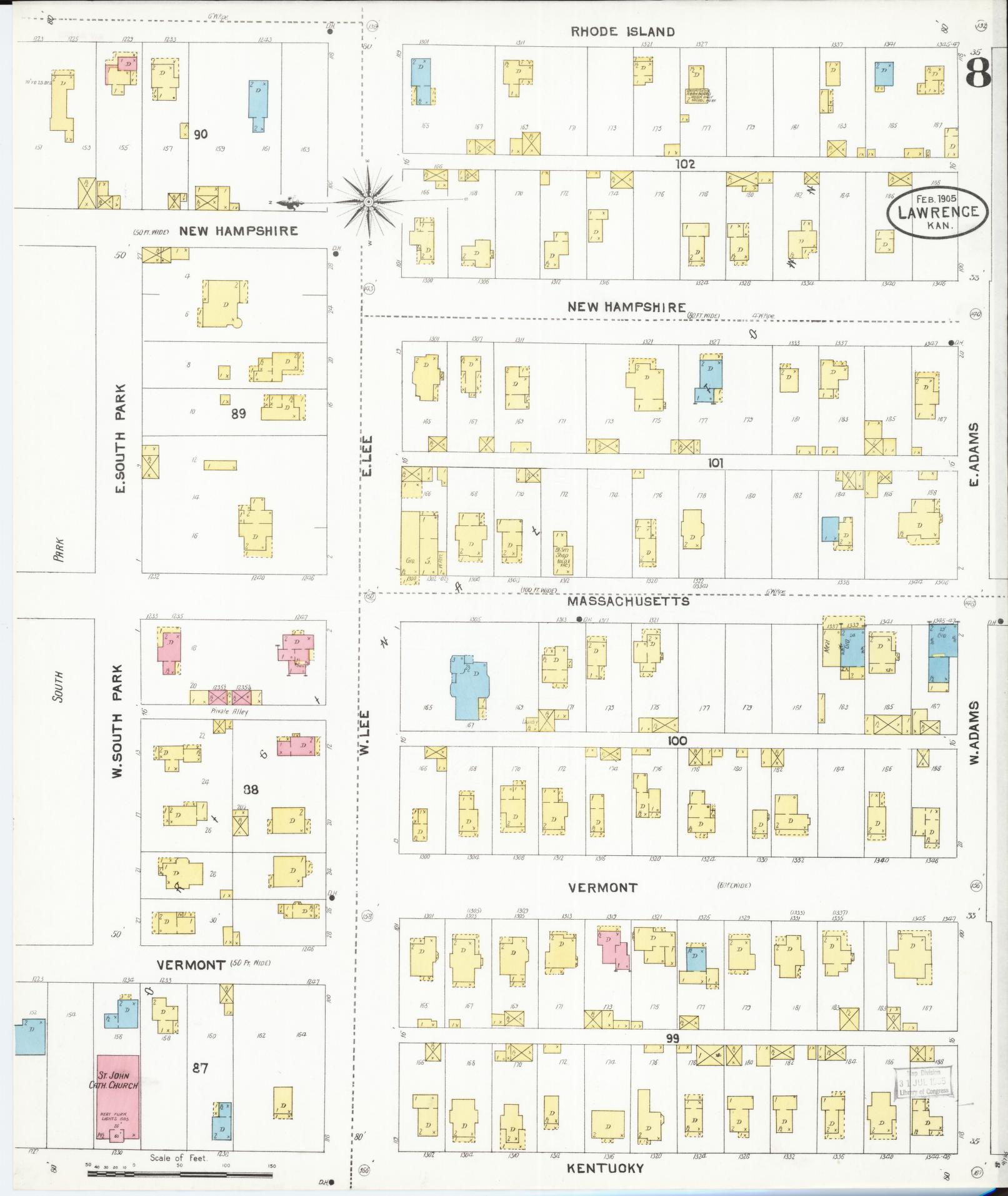 Sanborn Fire Insurance Map from Lawrence, Douglas County, Kansas (1905), Sheet #0008 - Historic Sanborn Fire Insurance Map Print, vintage old map wall art, antique decor, genealogy gift, Kansas Kansas map