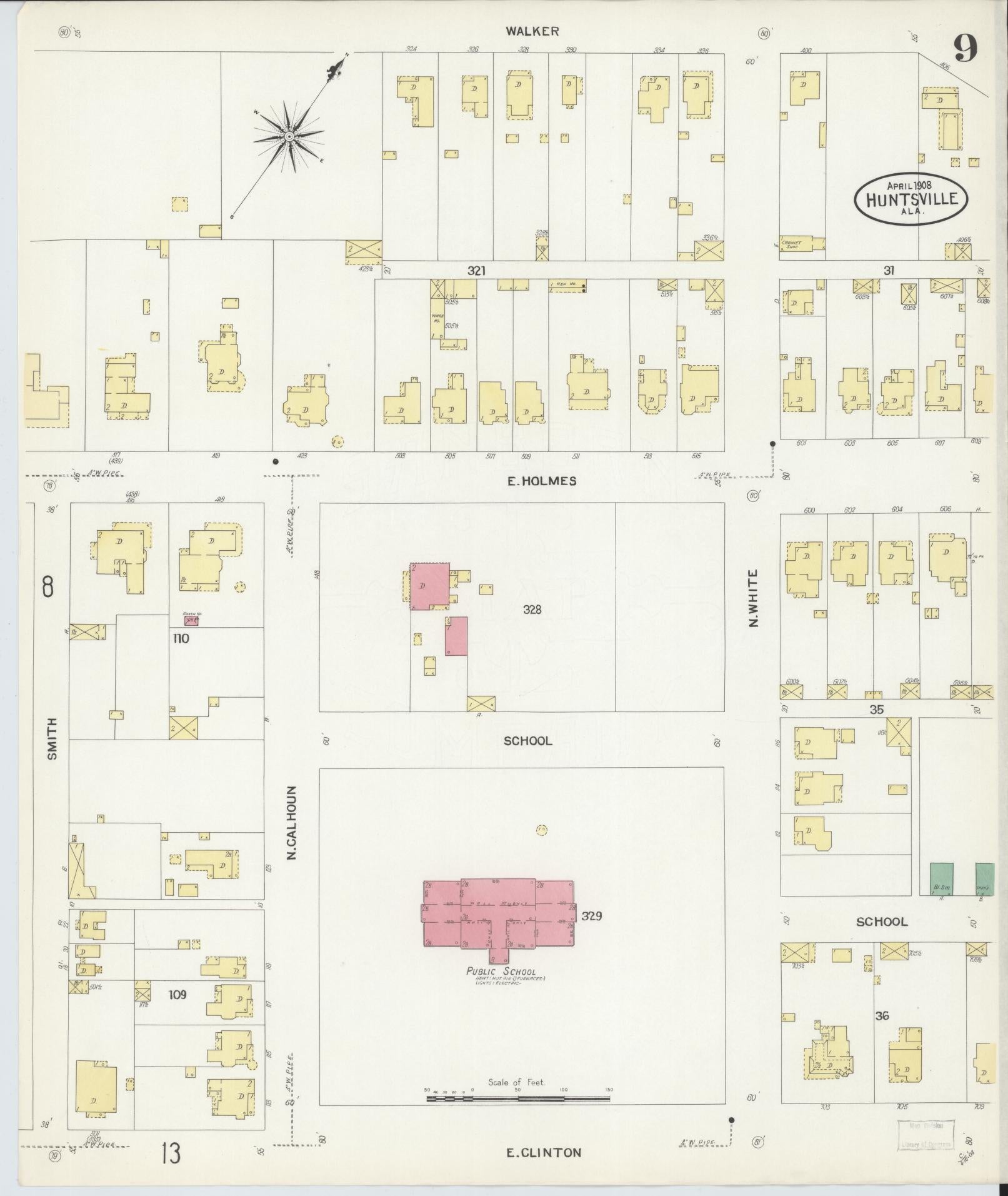 Sanborn Fire Insurance Map from Huntsville, Madison County, Alabama (1908), Sheet #0009 - Historic Sanborn Fire Insurance Map Print, vintage old map wall art, antique decor, genealogy gift, Alabama Alabama map