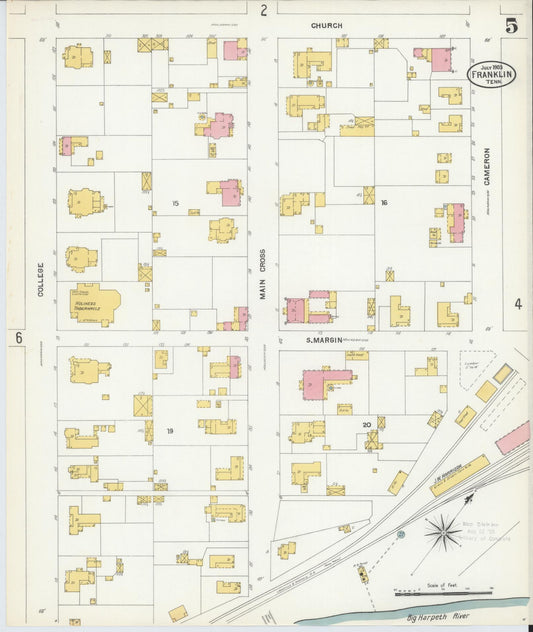 Sanborn Fire Insurance Map from Franklin, Williamson County, Tennessee (1903), Sheet #0005 - Historic Sanborn Fire Insurance Map Print, vintage old map wall art, antique decor, genealogy gift, Tennessee Tennessee map