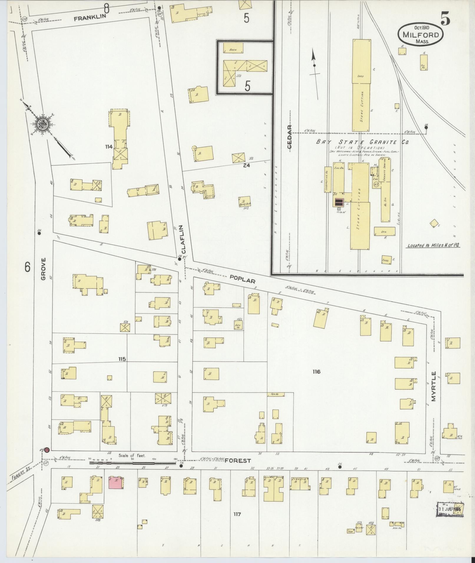 Sanborn Fire Insurance Map from Milford, Worcester County, Massachusetts (1910), Sheet #0005 - Historic Sanborn Fire Insurance Map Print, vintage old map wall art, antique decor, genealogy gift, Massachusetts Massachusetts map