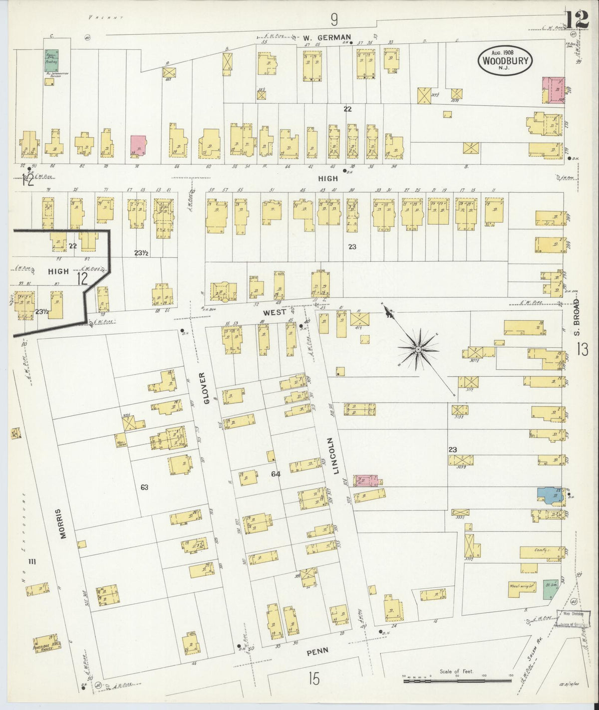 Sanborn Fire Insurance Map from Woodbury, Gloucester County, New Jersey (1908), Sheet #0012 - Historic Sanborn Fire Insurance Map Print, vintage old map wall art, antique decor, genealogy gift, New Jersey New Jersey map