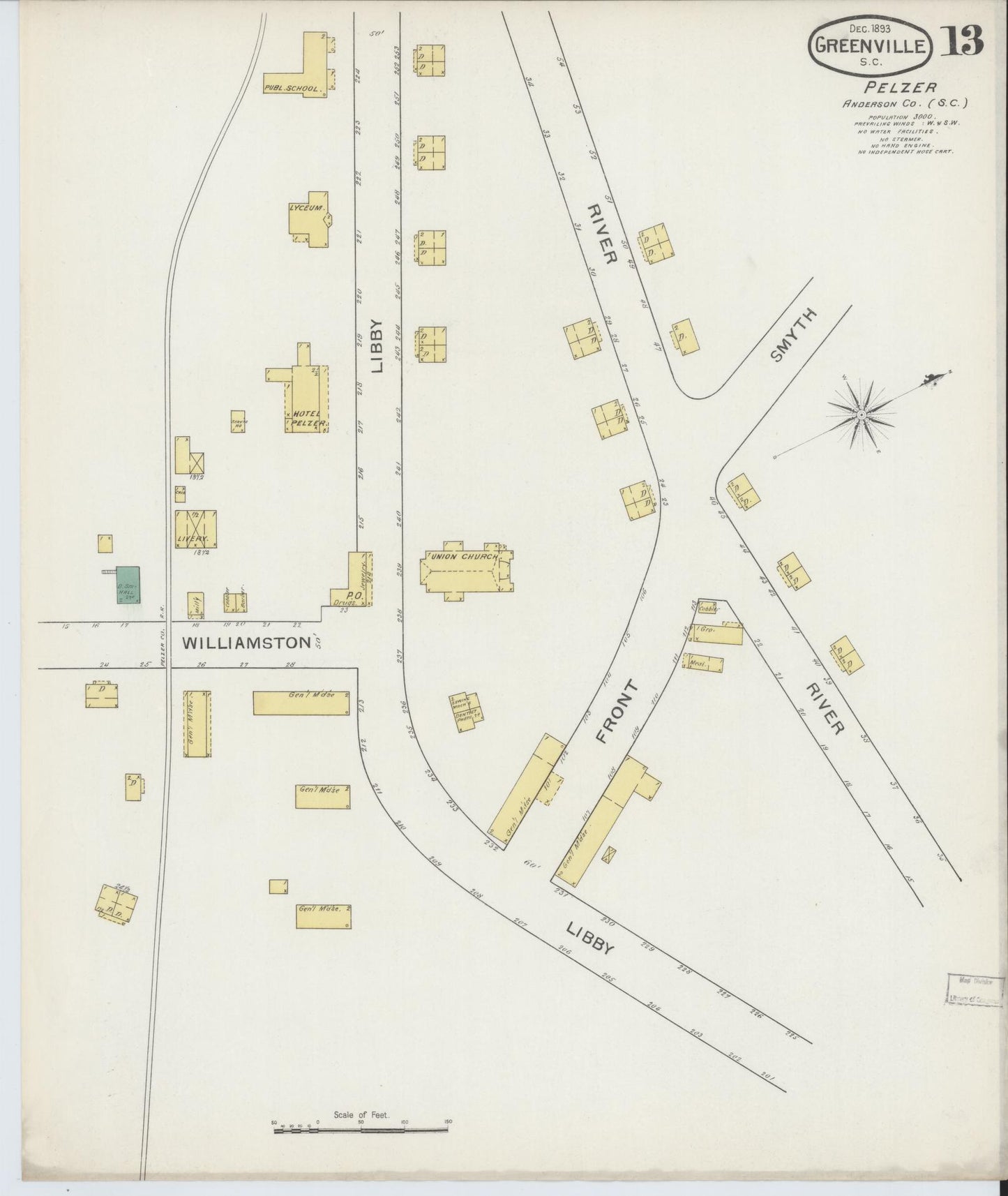 Sanborn Fire Insurance Map from Greenville, Greenville County, South Carolina (1893), Sheet #0013 - Historic Sanborn Fire Insurance Map Print, vintage old map wall art, antique decor, genealogy gift, South Carolina South Carolina map