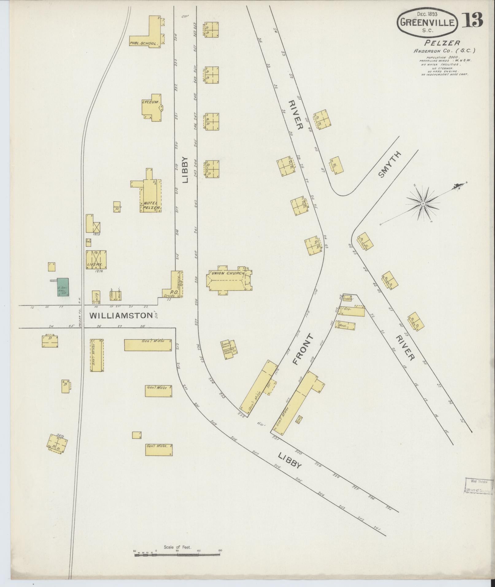Sanborn Fire Insurance Map from Greenville, Greenville County, South Carolina (1893), Sheet #0013 - Historic Sanborn Fire Insurance Map Print, vintage old map wall art, antique decor, genealogy gift, South Carolina South Carolina map