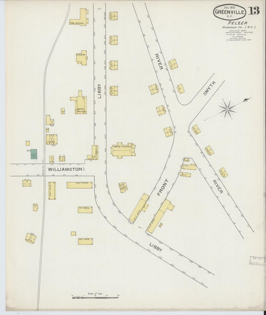 Sanborn Fire Insurance Map from Greenville, Greenville County, South Carolina (1893), Sheet #0013 - Historic Sanborn Fire Insurance Map Print, vintage old map wall art, antique decor, genealogy gift, South Carolina South Carolina map