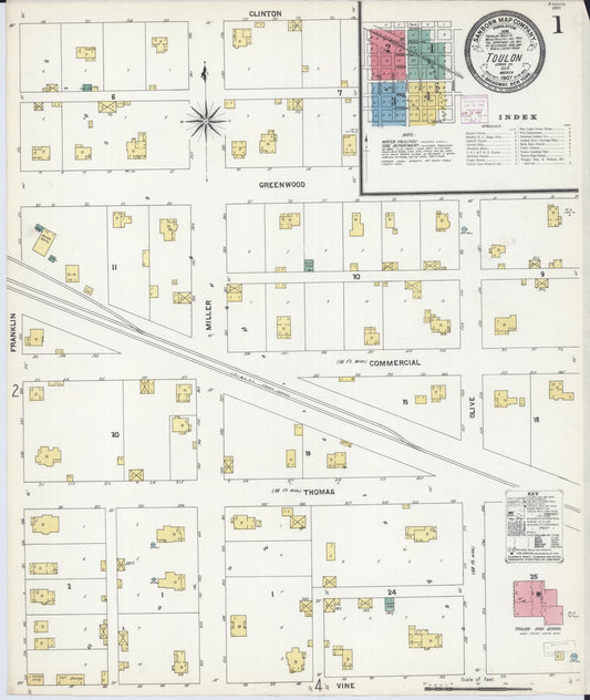Sanborn Fire Insurance Map from Toulon, Stark County, Illinois (1907), Sheet #0001 - Historic Sanborn Fire Insurance Map Print, vintage old map wall art, antique decor, genealogy gift, Illinois Illinois map