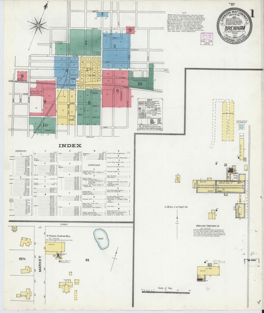 Sanborn Fire Insurance Map from Brenham, Washington County, Texas (1906), Sheet #0001 - Complete Map Set gallery image, historic Sanborn map, vintage wall art, Texas Texas
