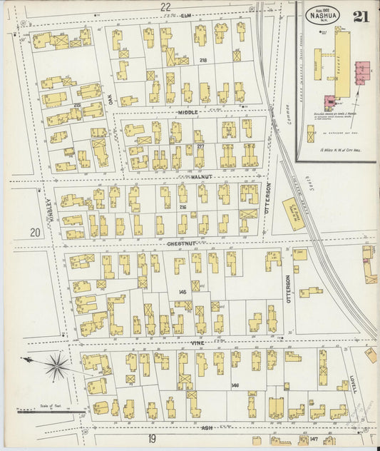 Sanborn Fire Insurance Map from Nashua, Hillsborough County, New Hampshire (1902), Sheet #0021 - Historic Sanborn Fire Insurance Map Print, vintage old map wall art, antique decor, genealogy gift, New Hampshire New Hampshire map