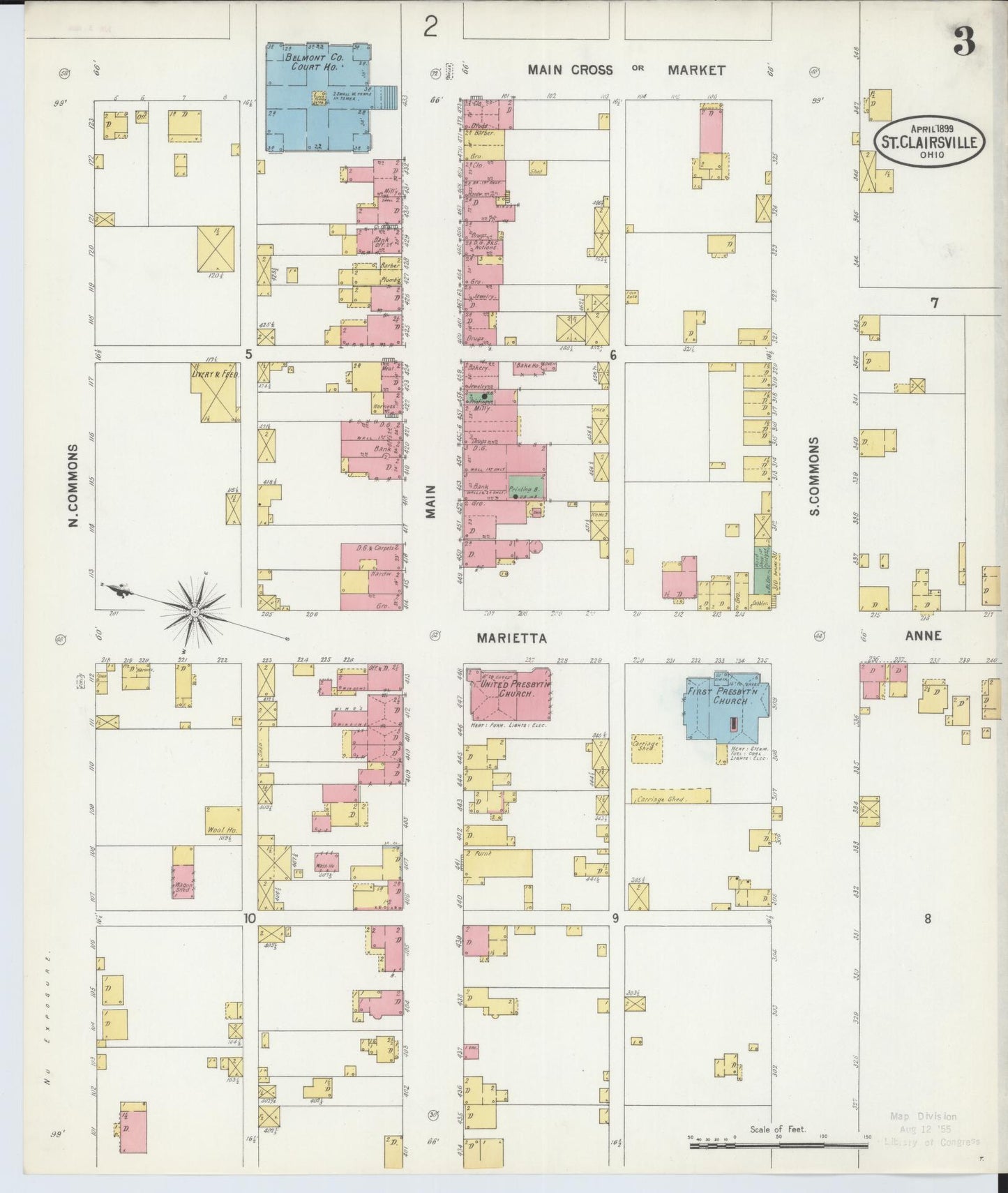 Sanborn Fire Insurance Map from Saint Clairsville, Belmont County, Ohio (1899), Sheet #0003 - Historic Sanborn Fire Insurance Map Print, vintage old map wall art, antique decor, genealogy gift, Ohio Ohio map