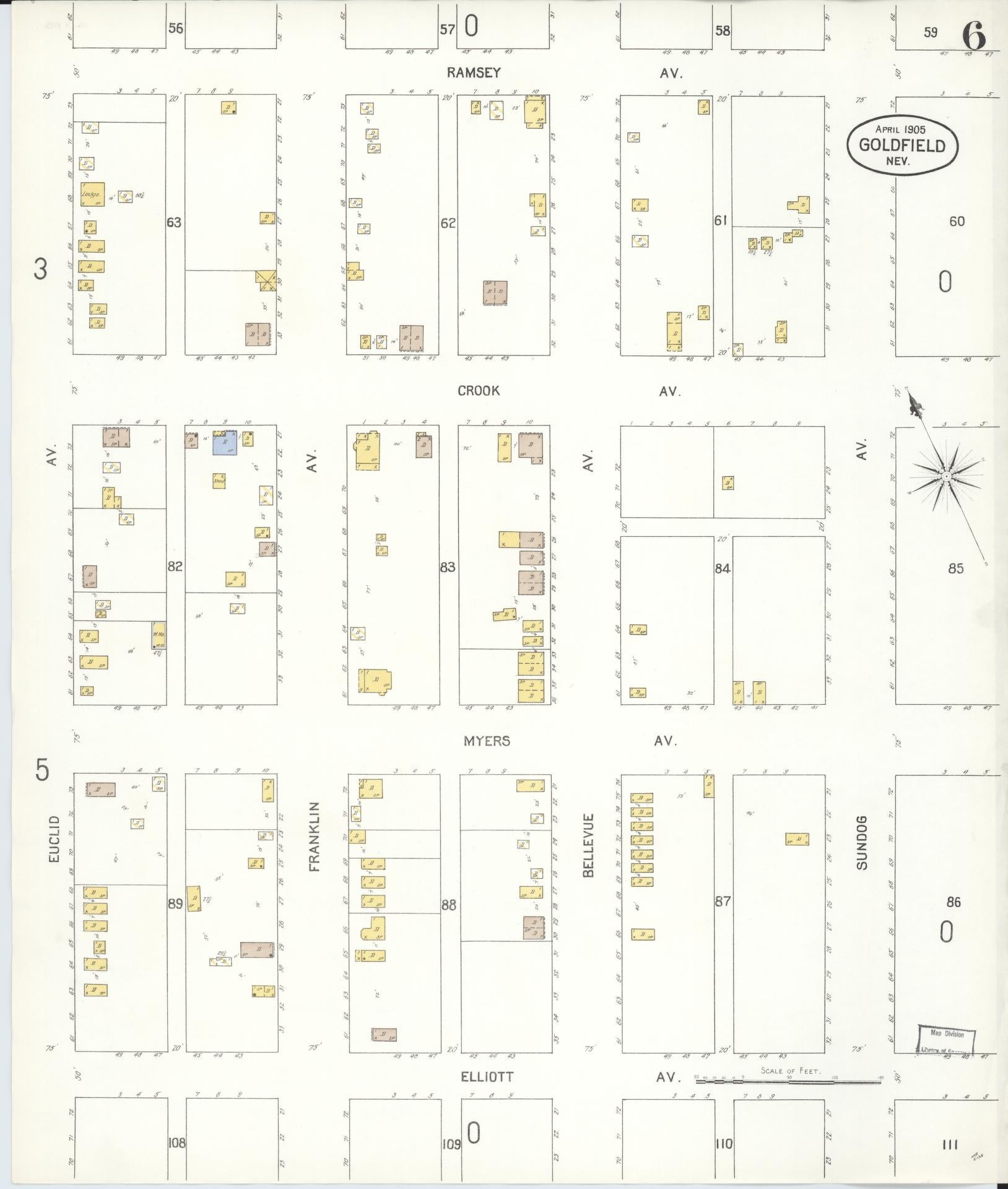 Sanborn Fire Insurance Map from Goldfield, Esmeralda County, Nevada (1905), Sheet #0006 - Complete Map Set gallery image, historic Sanborn map, vintage wall art, Nevada Nevada