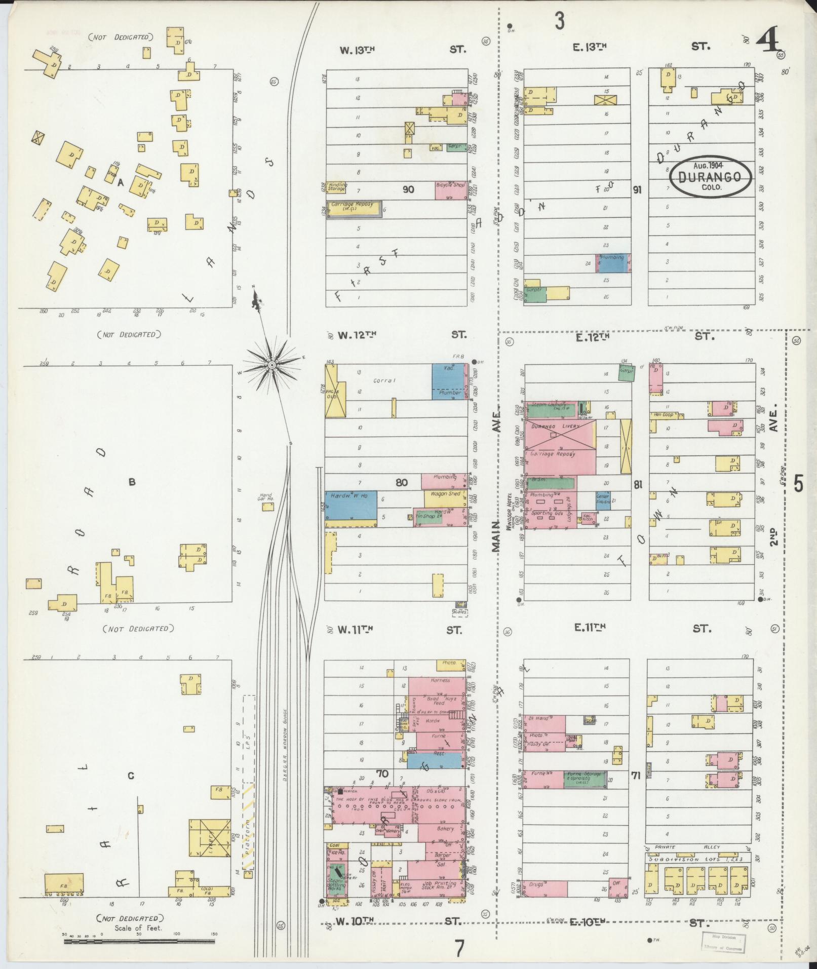Sanborn Fire Insurance Map from Durango, La Plata County, Colorado (1904), Sheet #0004 - Historic Sanborn Fire Insurance Map Print, vintage old map wall art, antique decor, genealogy gift, Colorado Colorado map