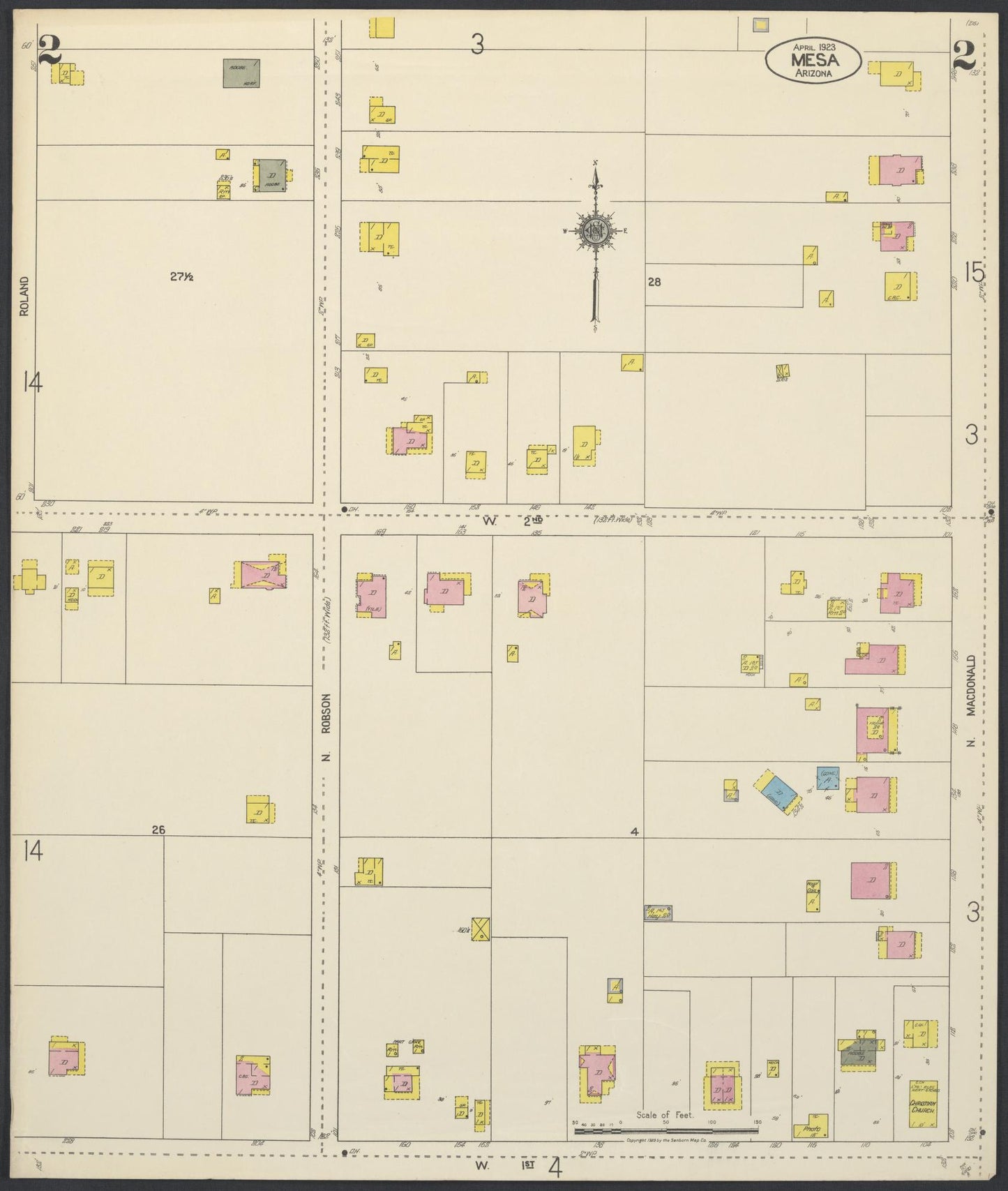 Sanborn Fire Insurance Map from Mesa, Maricopa County, Arizona (1923), Sheet #0002 - Complete Map Set gallery image, historic Sanborn map, vintage wall art, Arizona Arizona