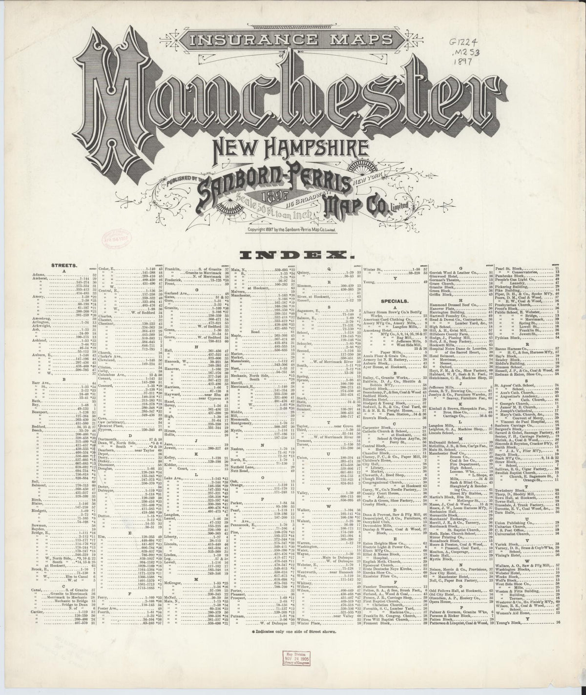 Sanborn Fire Insurance Map from Manchester, Hillsborough County, New Hampshire (1897), Sheet #0001 - Historic Sanborn Fire Insurance Map Print, vintage old map wall art, antique decor, genealogy gift, New Hampshire New Hampshire map