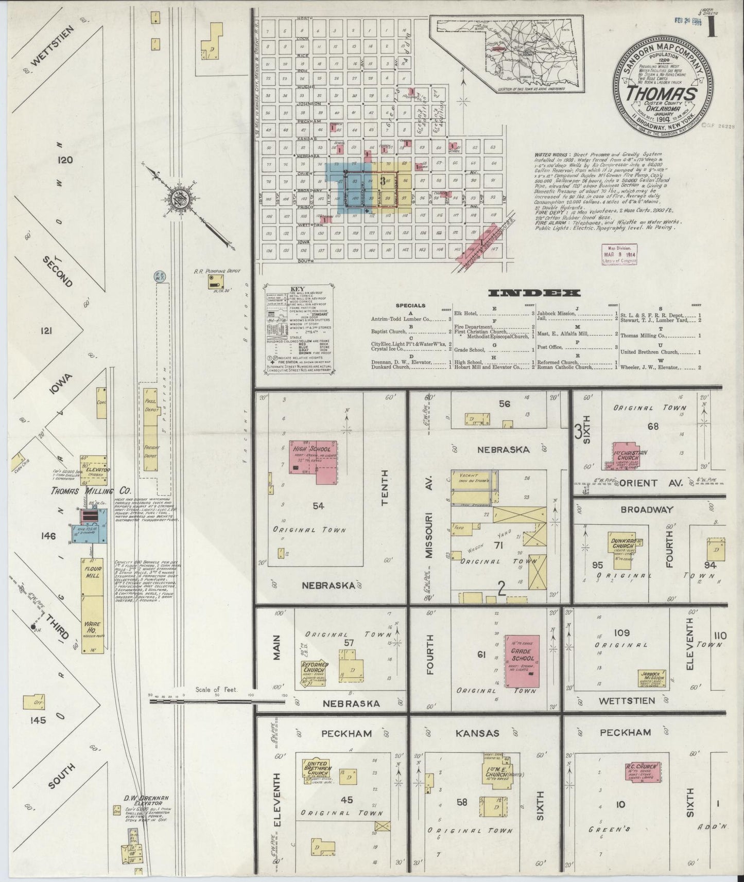 Sanborn Fire Insurance Map from Thomas, Custer County, Oklahoma (1914), Sheet #0001 - Historic Sanborn Fire Insurance Map Print, vintage old map wall art, antique decor, genealogy gift, Oklahoma Oklahoma map