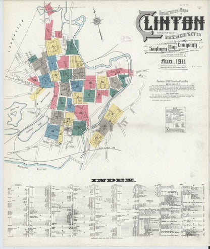 Sanborn Fire Insurance Map from Clinton, Worcester County, Massachusetts (1911), Sheet #0001 - Historic Sanborn Fire Insurance Map Print, vintage old map wall art, antique decor, genealogy gift, Massachusetts Massachusetts map