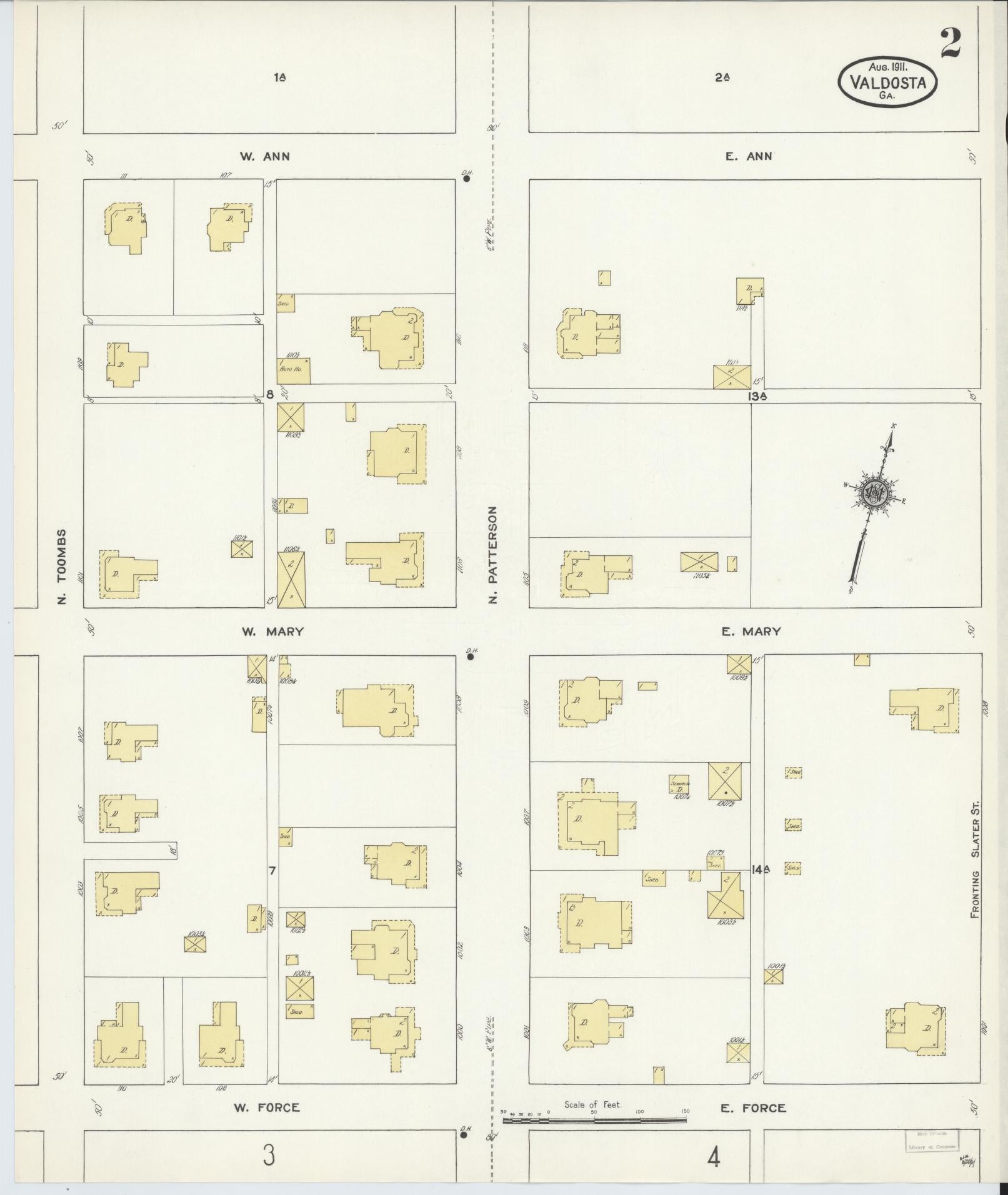 Sanborn Fire Insurance Map from Valdosta, Lowndes County, Georgia (1911), Sheet #0002 - Historic Sanborn Fire Insurance Map Print, vintage old map wall art, antique decor, genealogy gift, Georgia Georgia map