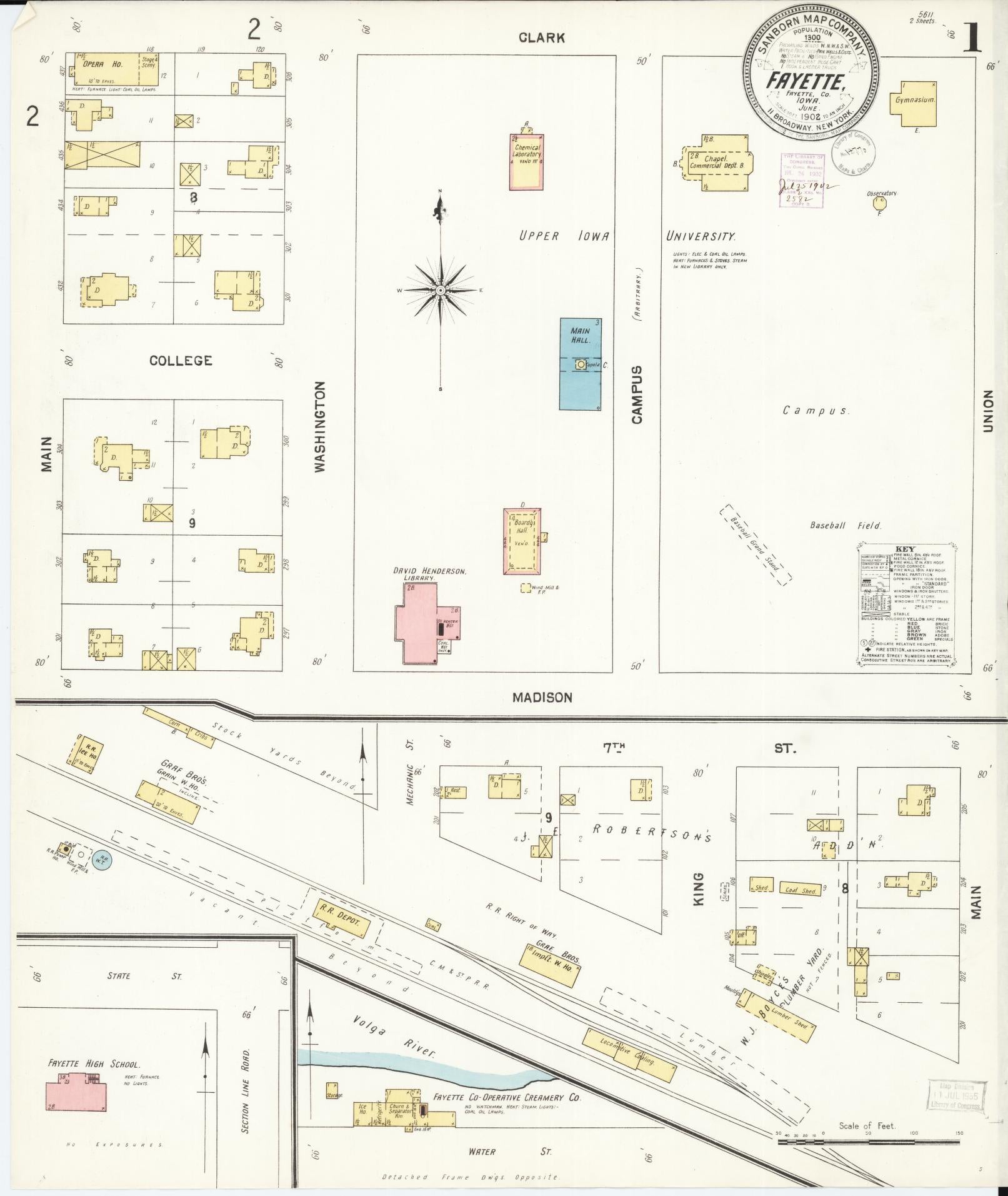 Sanborn Fire Insurance Map from Fayette, Fayette County, Iowa (1902), Sheet #0001 - Historic Sanborn Fire Insurance Map Print, vintage old map wall art