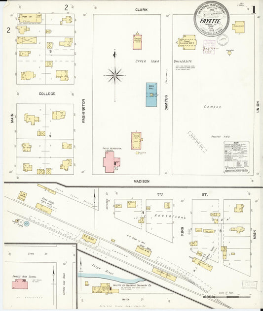 Sanborn Fire Insurance Map from Fayette, Fayette County, Iowa (1902), Sheet #0001 - Historic Sanborn Fire Insurance Map Print, vintage old map wall art